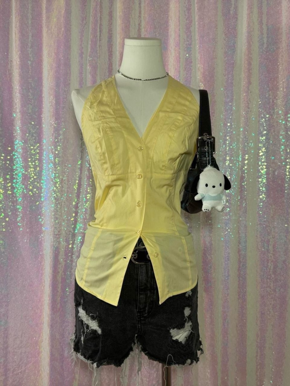 Moda International Light Yellow Button-Up Collared Ruffle Halterneck Top ★彡